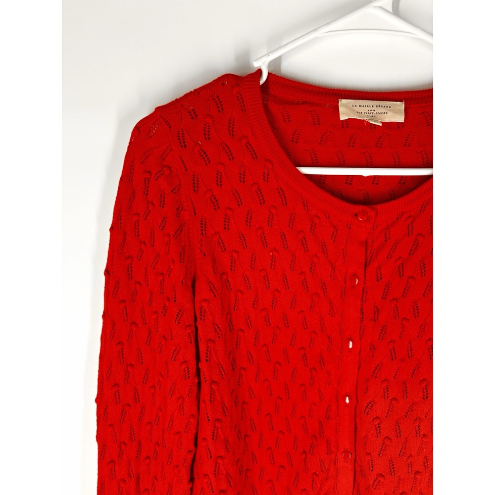 Sézane Tomato Red Cotton Cardigan Sz S Pointelle Swiss Dot Luxe